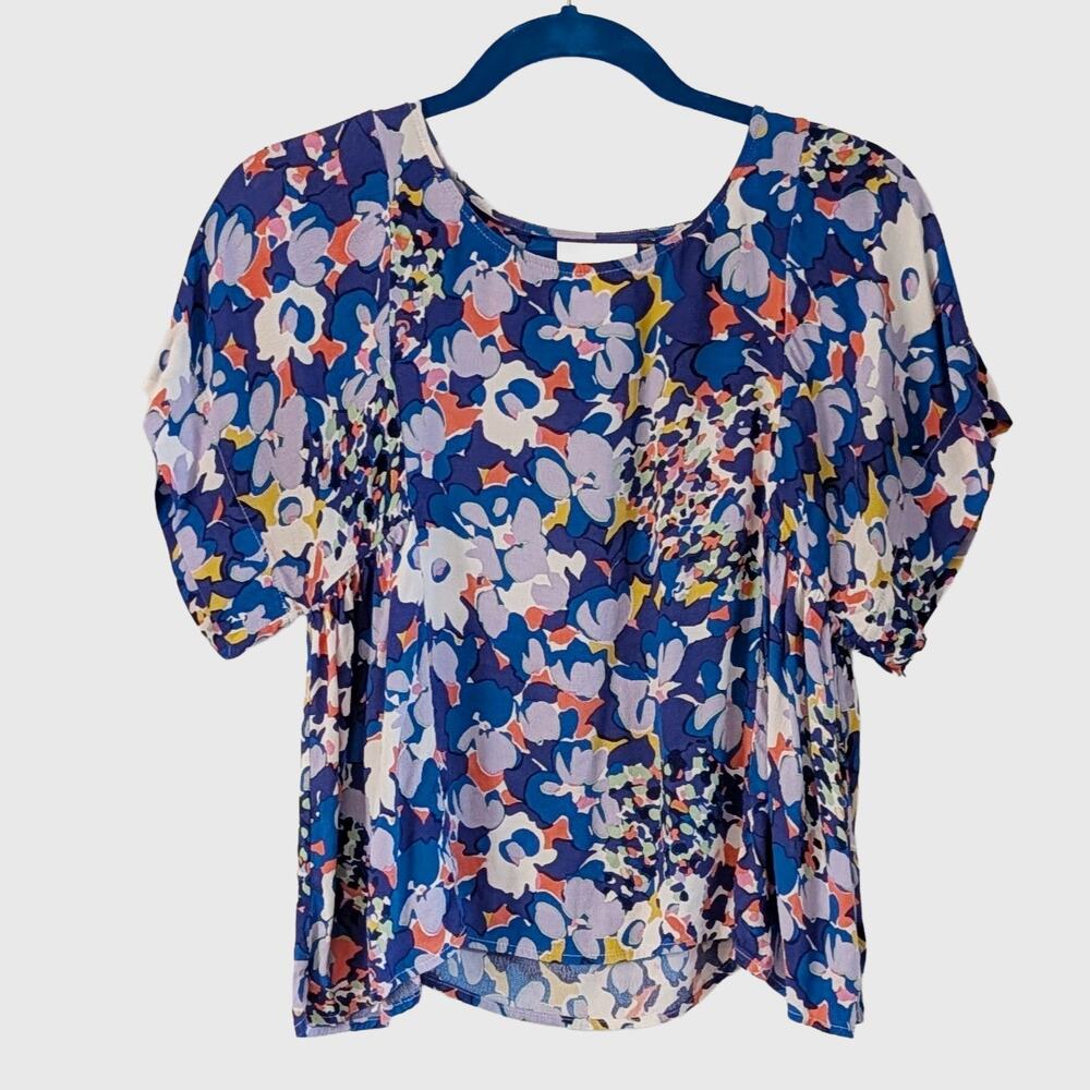 Anthropologie Maeve Milla Floral Puff Sleeve Blouse XS Blue Purple Abstract Top
